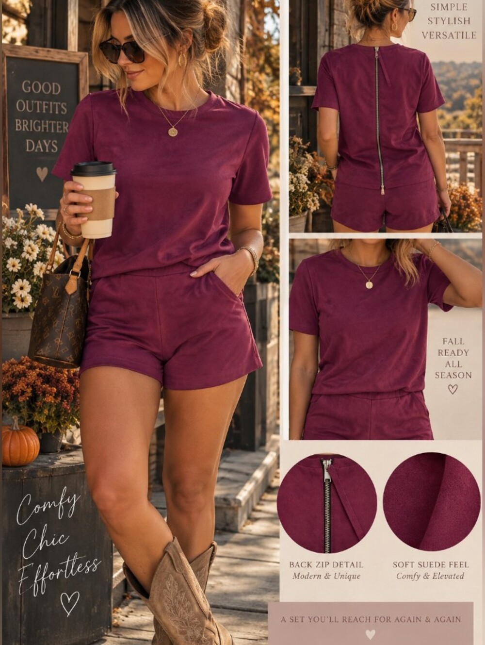 Zara Short Sleeve Top Size M. Suede Set With Size L Shorts -Look Top in Plum